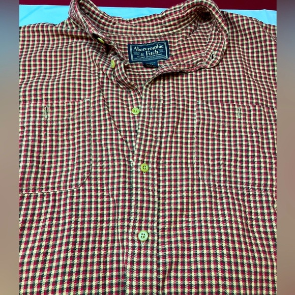 Y2K Abercrombie & Fitch men XL Red Tan checkered Shirt Long Sleeve Pocket Cotton - Picture 3 of 16